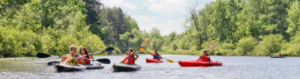 Summer kayakers paddle toward the camera